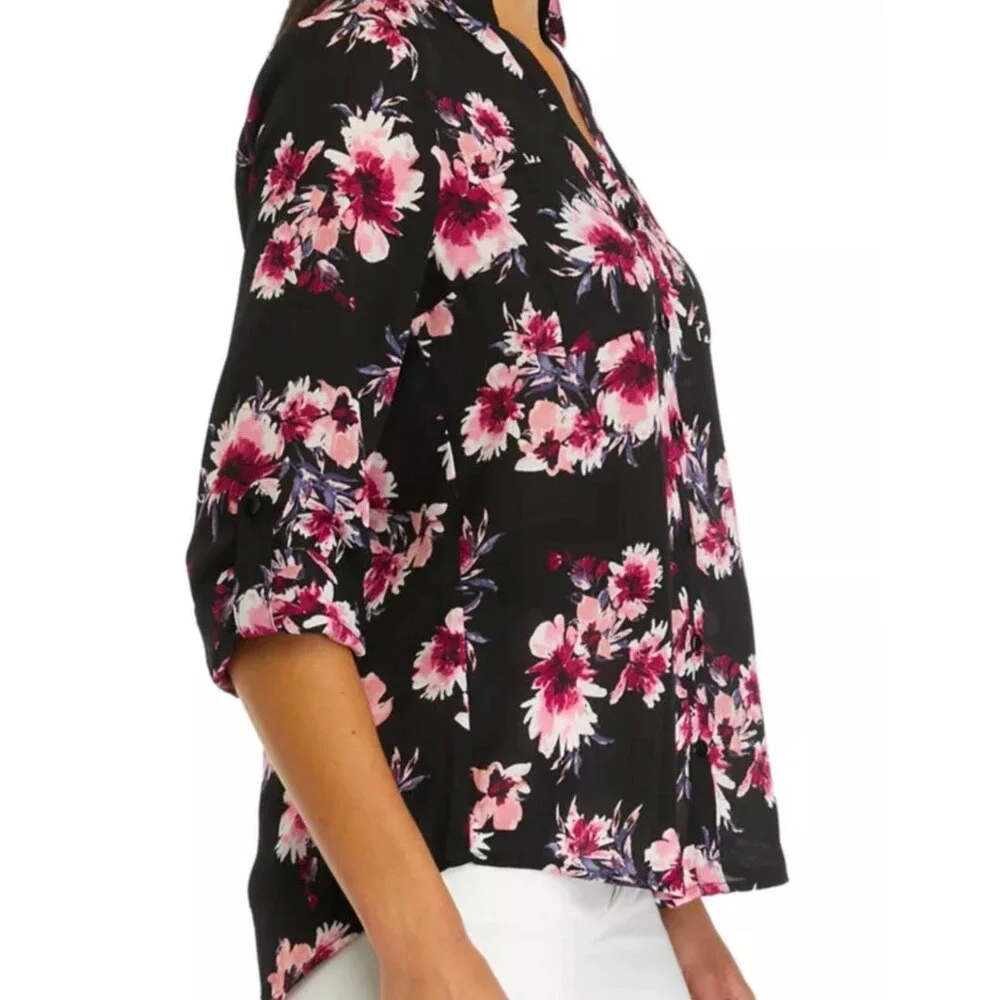 BCX Portofino Woven Top Black Floral Roll‑Tab Sleeves L NWT $79 - Picture 3 of 7